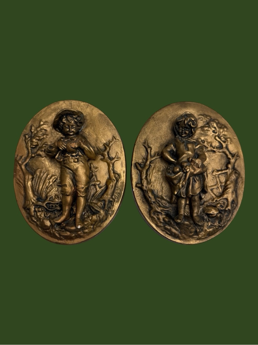 Vintage Oval Wall Plaques Chalkware 3D Boy and Girl 1960s